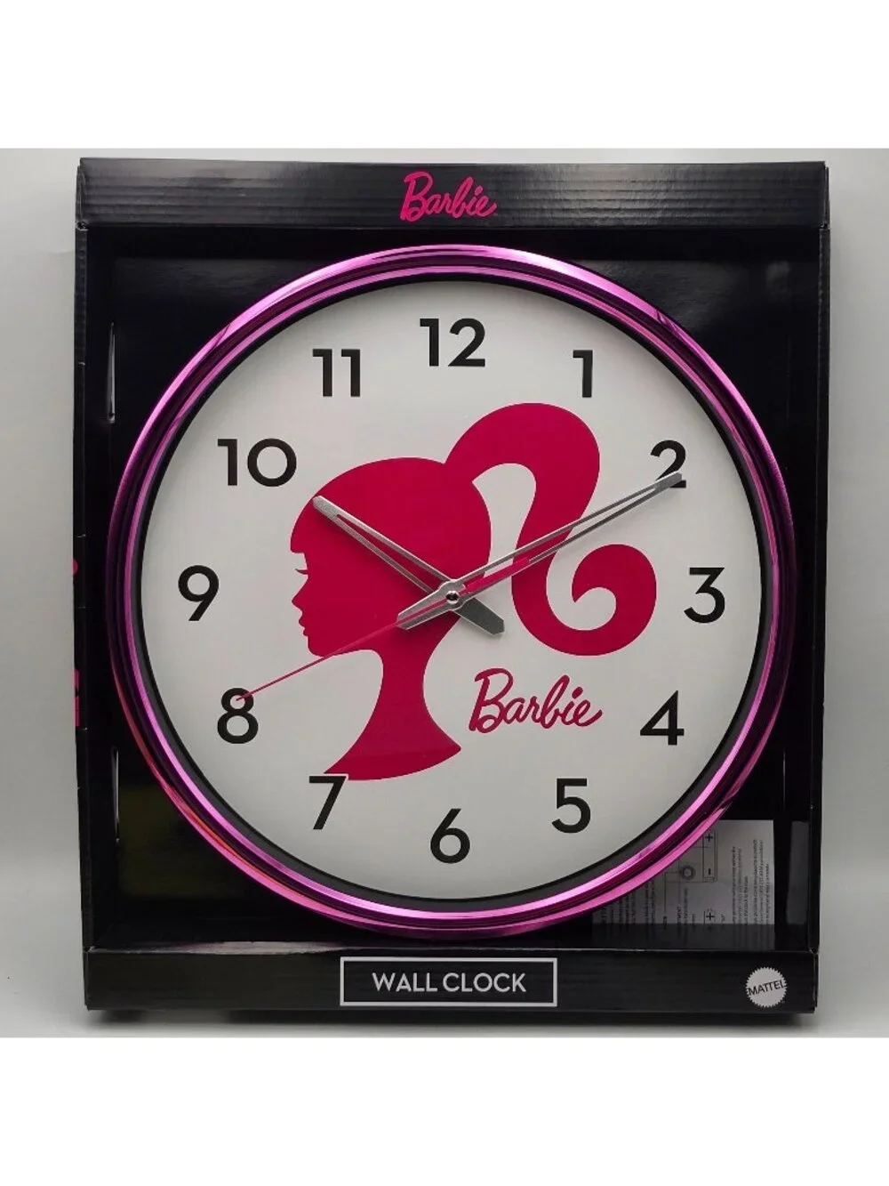 Barbie Pink Silhouette Script Chrome 12 Inch Round Wall Clock Mattel New In Box